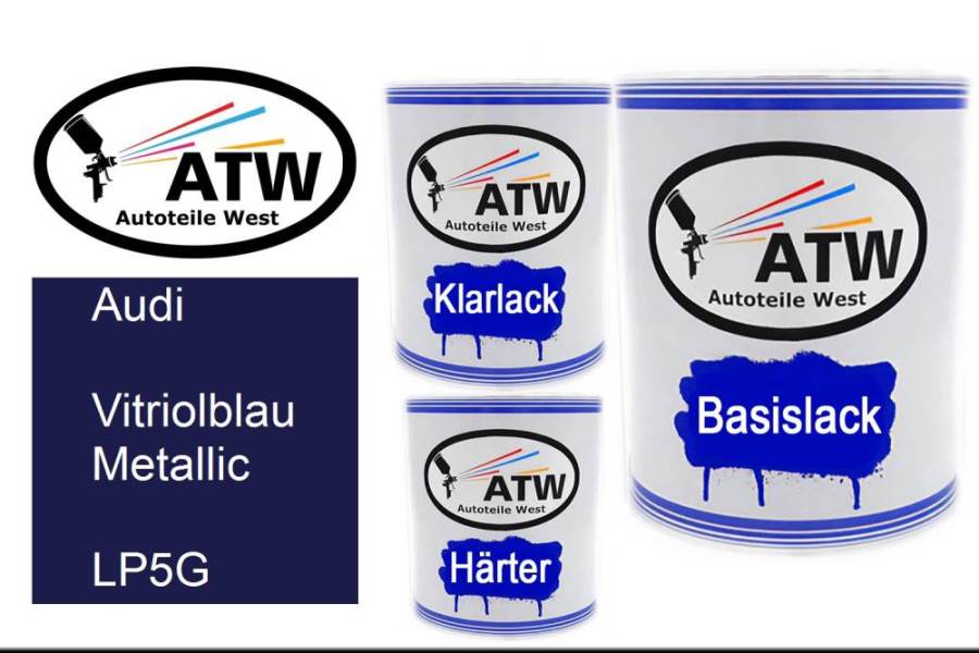 Audi, Vitriolblau Metallic, LP5G: 1L Lackdose + 1L Klarlack + 500ml Härter - Set, von ATW Autoteile West.